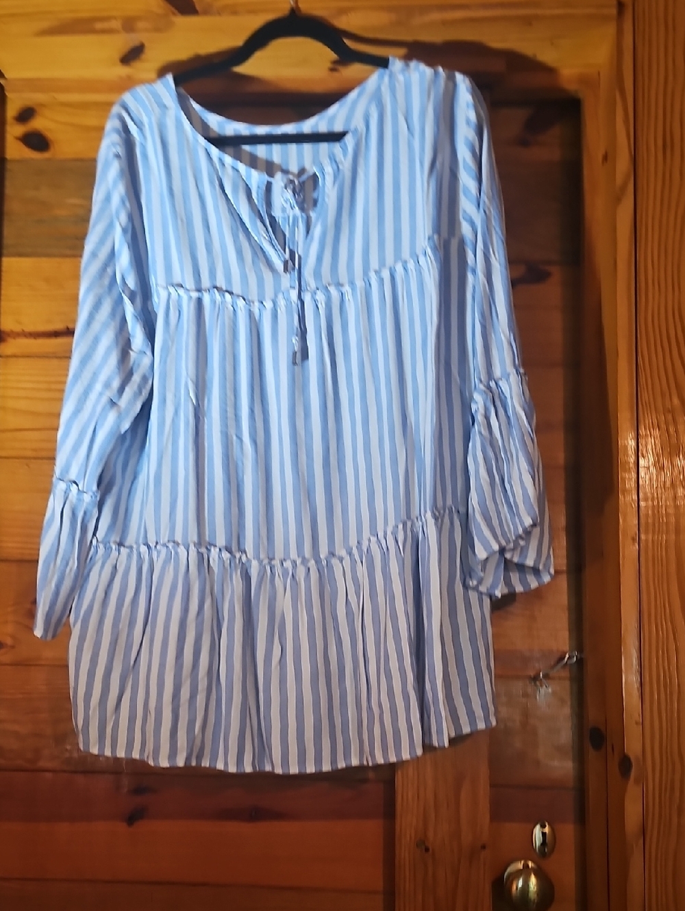 Blue and White Striped Tie-Neck Peasant Blouse